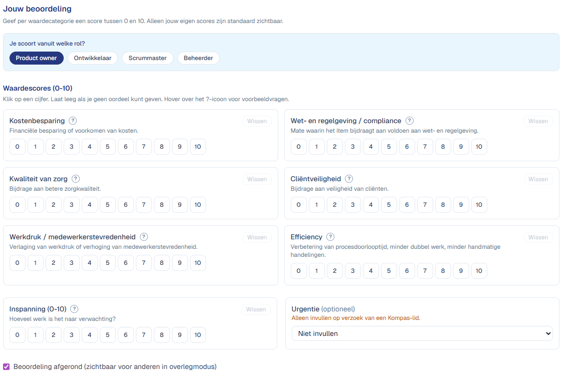 Screenshot van de beoordelingspagina in de roadmap-app